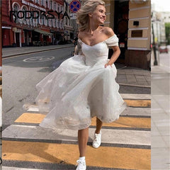RODDRSYA Bohemian Wedding Dresses Boho Off The Shoulder Short Sleeves Back Lace Up Bridal Gowns A-Line Corset Bride Robes 2023
