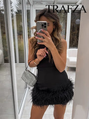 TRAFZA Women Summer Fashion Mini Dress Black O-Neck Sleeveles Feather Decorate Zipper Female High Street Sexy Party Dresses