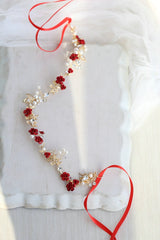Red rose flower bridal headband vintage pearl rhinestones wedding bride hair accessories decor