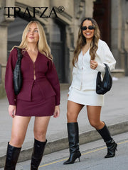 TRAFZA 2024 Autumn Slim Skirts Sets Wine Red Solid V-Neck Long Sleeve Cardigan+ A Line Mini Skirts Mujer Roupas Casual Street