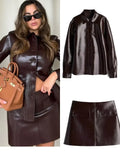 Fashion Pu Leather Jacket Skirt Sets For Women Lapel Long Sleeve Single Breasted Coat  Mini Skirts Suit 2024 Autumn Lady Outfits