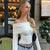 WhereMery Solid Elegant Off Shoulder Ribbed Crop Tops Summer Fashion Casual Skinny Long Sleeve Camis Gentle Y2K Tight T-shirts