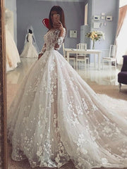 Lace Wedding Dresses Ball Gowns Long Sleeve Appliques Bride Dress Long Train Vintage Wedding Gowns 2023
