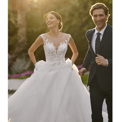 Boho Elegant Wedding Dresses For Women 2023 O-Neck Appliques Back Illusion With Button Vestidos De Novia Custom Made