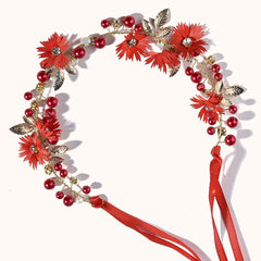 Red Flower Bridal Tiara Hairband Gold Color Crystal Pearl Headband Women Headpiece Wedding Crown Bride Hair Jewelry Accessories