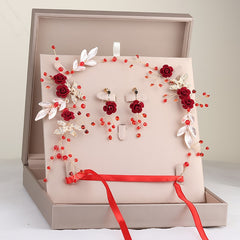 Red Flower Bridal Tiara Hairband Gold Color Crystal Pearl Headband Women Headpiece Wedding Crown Bride Hair Jewelry Accessories