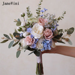 JaneVini Elegant Blue Silk Flowers Western Bridal Hand Bouquets Handmade Dusty Pink Roses Green Eucalyptus Wedding Bouquet Boho