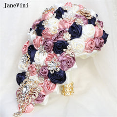 Luxury Crystal Waterfall Bridal Bouquets Artificial Ivory Satin Roses Flowers Cascading Bouquet Accessories for Bride
