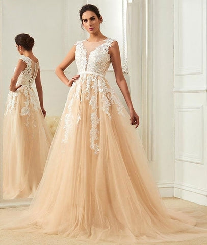 Champagne Tulle Ivory Lace Appliques Wedding Gown 2022 Bridal Dresses Long Sweep Train Sleeveless A Line Bride Women Wear