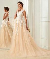 Champagne Tulle Ivory Lace Appliques Wedding Gown 2022 Bridal Dresses Long Sweep Train Sleeveless A Line Bride Women Wear