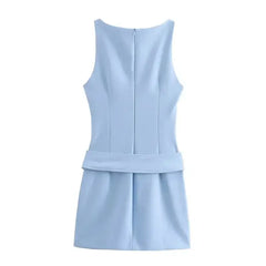 TRAF Mini Blue Dress Belt Sleeveless Short Dresses For Women Fashion Elegant Party Dresses 2024 Ladies Summer Bodycon Dress
