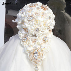 Luxury Crystal Waterfall Bridal Bouquets Artificial Ivory Satin Roses Flowers Cascading Bouquet Accessories for Bride
