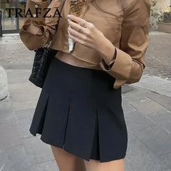 TRAFZA 2025 Spring Summer Women Casual Tierred Mini Skirts Fashion Vintage Solid High Wasit Ruffles Pleated Sexy Shorts Skirts