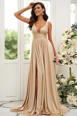 BABYONLINE A-Line Elegant Jersey Ruffles V-neck Sleeveless Bridesmaid Dresses High Slit Wedding Guest Party Backless Evening