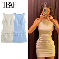 TRAF Mini Blue Dress Belt Sleeveless Short Dresses For Women Fashion Elegant Party Dresses 2024 Ladies Summer Bodycon Dress