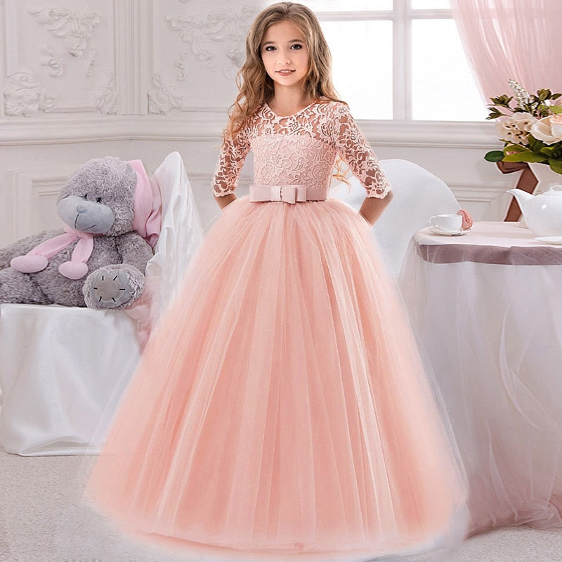 kids lace dress Ibtom Castle Flower Girl Lace Dress for Kids Wedding Bridesmaid Pageant Party Formal Long Maxi Gown Princess Communion Tulle Bow Dresses 7-8 Years