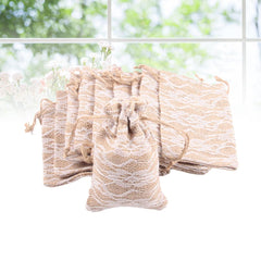 10Pcs Lace Burlap Drawstring Bag