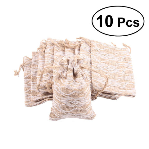10Pcs Lace Burlap Drawstring Bag