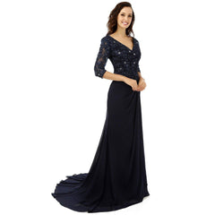 3/4 Sleeves Navy Blue Chiffon Lace Dress
