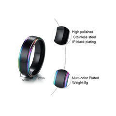 6mm Black With Rainbow Edge Mens Wedding Band Ring Stainless Steel