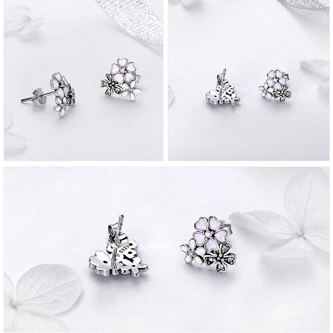 925 Sterling Silver Pink Daisy Cherry Blossoms Flower Stud Earrings
