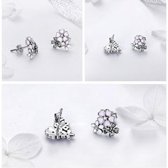 925 Sterling Silver Pink Daisy Cherry Blossoms Flower Stud Earrings