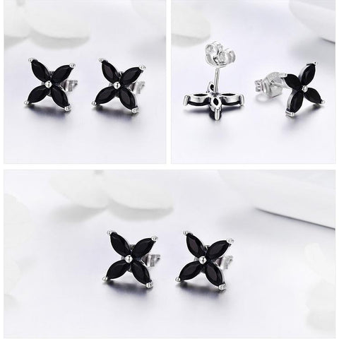 925 Sterling Silver Small Clover Black CZ  Earrings