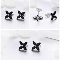 925 Sterling Silver Small Clover Black CZ  Earrings