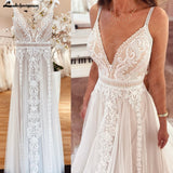 Lakshmigown Plunging V Bohemian Wedding Dress 2023 Vestido Noiva Summer A Line Boho Wedding Dress V Neck Lace Open Back Sleevele