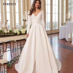 PERFECT Elegant V-Neck Satin Wedding Dresses Simple Long Sleeves Backless A-Line Bridal Gowns Custom Made Vestidos De Novia