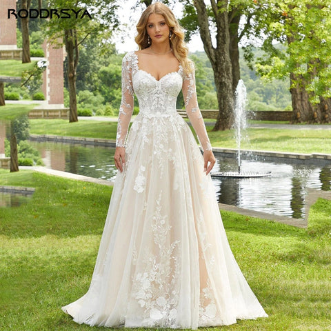 RODDRSYA Lace Sweetheart Wedding Dress Long Sleeves Bridal Gowns Backless Appliques Sweep Train Vestidos De Noiva Mariage Beach