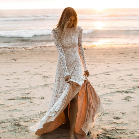 Lace Boho Wedding Dress for Women 2023 Long Sleeve Side Slit Backless Beach Bride Dresses Bridal Gowns Vestido De Noiva
