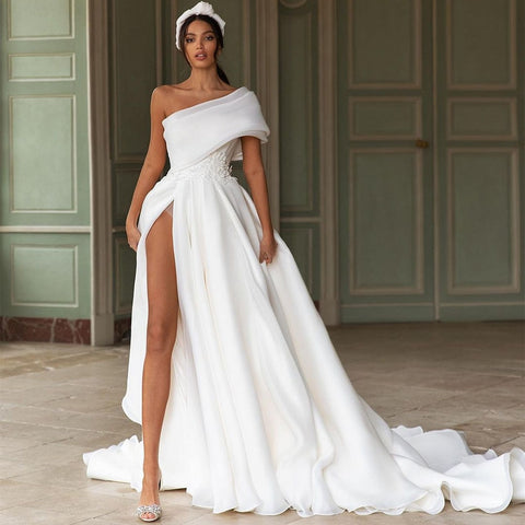 High Side Slit  One Shoulder Bride Gowns with Big Bow Back