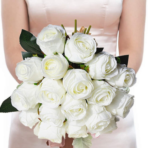 Artificial Bridal Bouquet Romantic Fake Silk Ivory Bridemaid Roses Tossing Bouquet For Wedding Ceremony Anniversary Party Decor