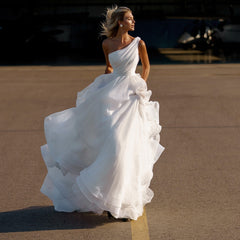 One Shoulder Pleated Wedding Gown