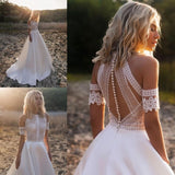 DREAM Satin Bohemian Wedding Dress For Brides 2023 Off The Shoulder Lace Halter Boho Bridal Gown With Detachable Sleeves
