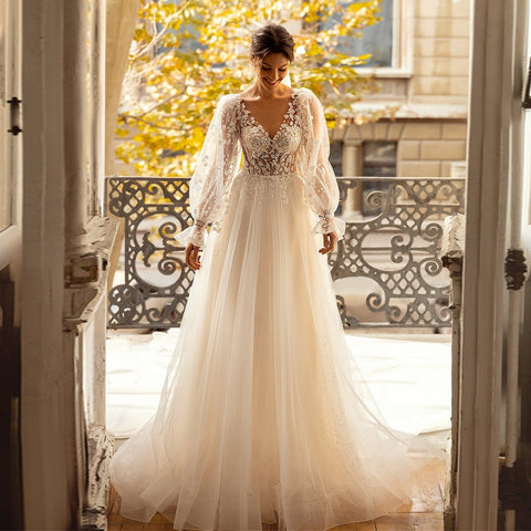 Long Sleeves V Neck See-through A Line Sweep Train Wedding Dress