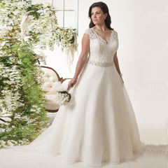 Cap Sleeve Plus Size Wedding Dress Robe De Mariee V-neck Sleeveless Beading Sashes Ball Gown Organza Wedding Dresses
