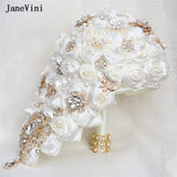 Luxury Crystal Waterfall Bridal Bouquets Artificial Ivory Satin Roses Flowers Cascading Bouquet Accessories for Bride
