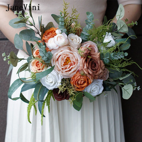 JaneVini Vintage Coffee Roses Wedding Bouquets Artificial Silk Champagne Flowers Outdoor Bridal Fake Bouquet Accesorios De Novia