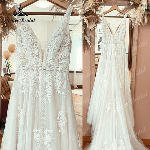 Elegant Bohemian Wedding Dress Tank V Neck Lace Appliqued Backless Boho A Line 2023 Bridal Robe Mariee Chic sukienka na wesele