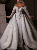 Glitter Off Shoulder Long Sleeve Mermaid Wedding Gowns With Detachable Train Dubai Women Bridal Dress Plus Size Custom Made