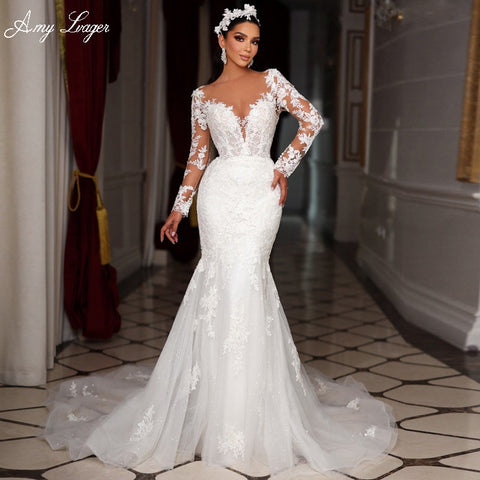 New Romantic Scoop Neck Beading Long Sleeves Mermaid Wedding Dress 2023 Gorgeous Appliques Detachable Train Trumpet Bridal Gown