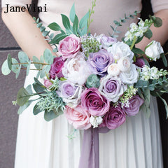 JaneVini Romantic Eucalyptus Roses Pink Purple Artificial Flowers Bouquet for Bride Europe Style Wedding Bouquets Buque De Noiva
