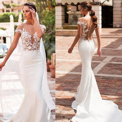 Boho Mermaid Wedding Dress 2023 Satin Cap Sleeve Vestido De Noiva Lace Bohemian Bride Dresses With Romantic Buttons