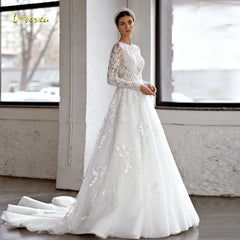 Loverxu A-Line Vintage Wedding Dresses 2023 O-Neck Long Sleeve Vestido De Novia Lace Appliques Stunning Chic Robe De Mariee