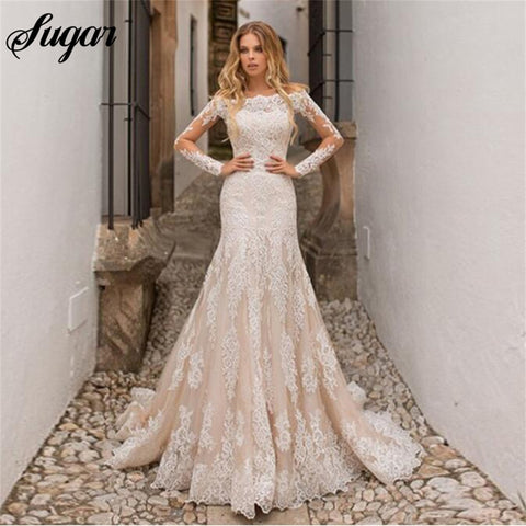 Champagne Wedding Dress Lace Appliques Full Length Sleeves Wedding Bride Dresses Buttons Back Wedding Gowns Detachable Trailing