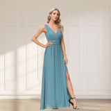 New V-neck Sleeveless Evening Dress Women Chiffon Long Party Dress A-line Side Split robes Formal Long Bridesmaid Dress