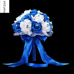 AYiCuthia Bridal Bouquet for Wedding Blue and White Wedding Bouquet Handmade Artificial Flower Rose buque casamento