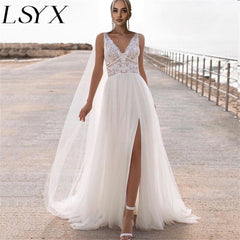 LSYX V-Neck Tulle Boho Wedding Dress Lace 2023 Split Open Back Sleeveless A-Line Civil Bridal Gown Charming Bohemian Unique
